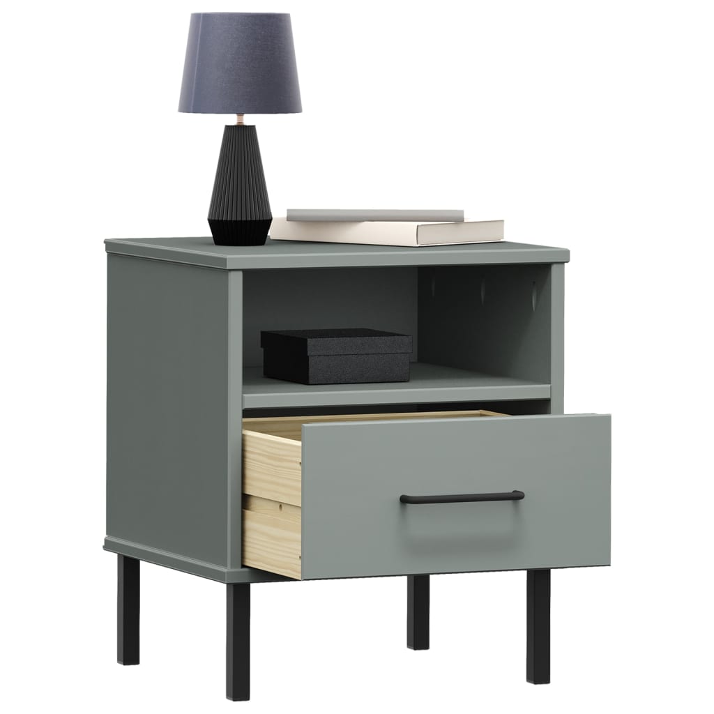 Mesita De Noche Patas De Metal Madera Maciza Pino Gris Oslo_1