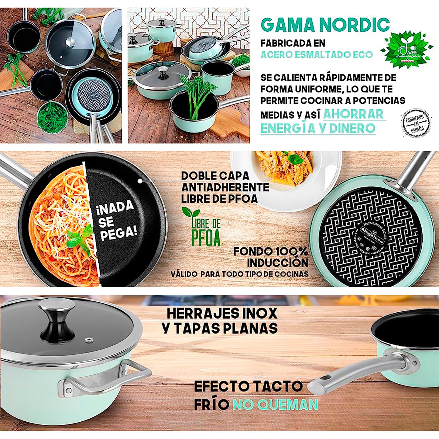 Batería Cocina Inducción 6 Piezas, Antiadherente Libre Pfoa Exterior Verde Menta Retro Vintage Magefesa Nordic, Verde_3