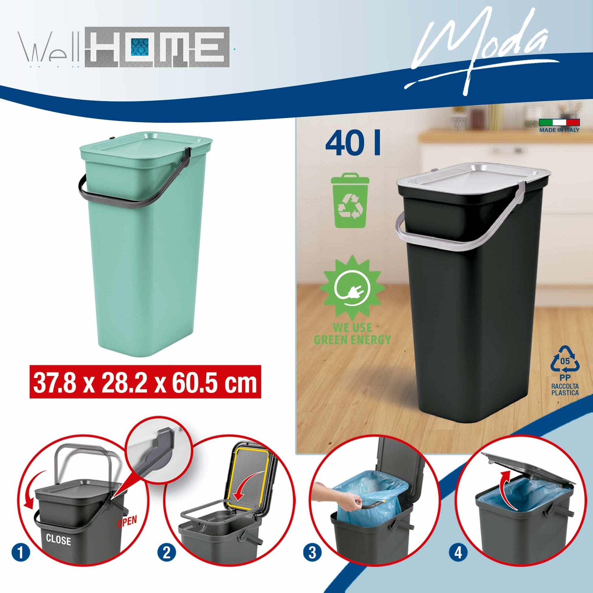 Set De 3 Papeleras moda Con Asa Grafito, Salvia Y Blanco De 40l