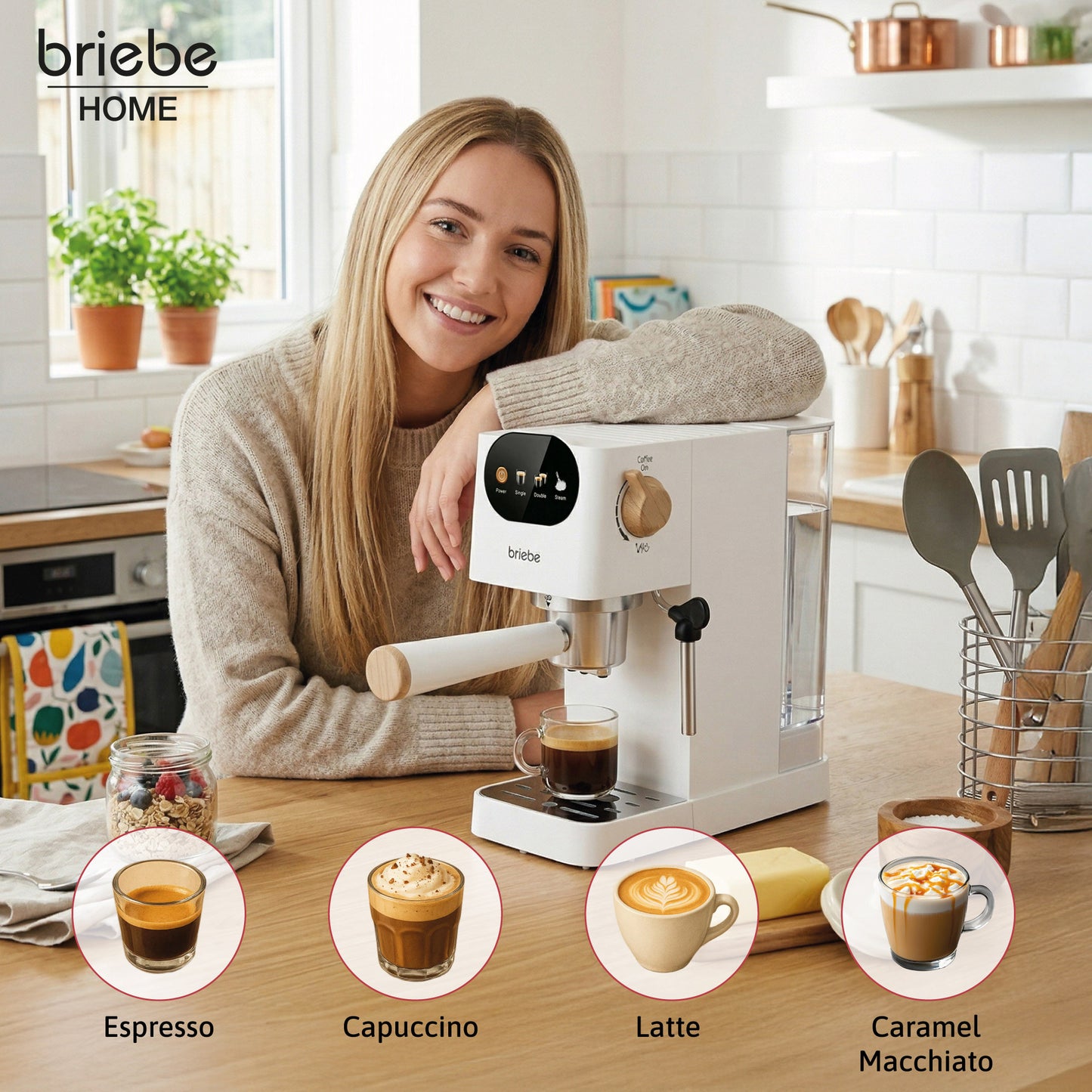 Briebe Nordic Cafetera Espresso 20 Bares Compatible Cápsulas Nespresso Y Café Molido Espumador Leche, Ec1180wht, Blanco_1