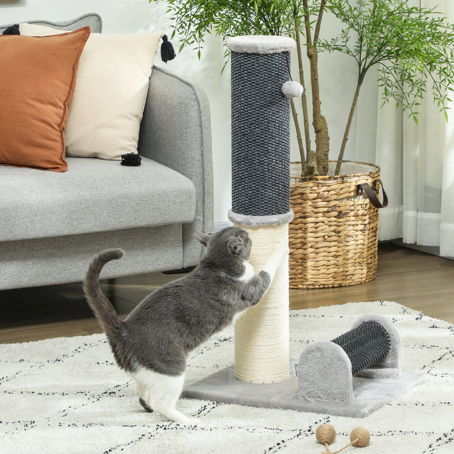Pawhut Poste Rascador Para Gatos 85 Cm Con Cepillo De Auto Acicalado Gris Crema_1