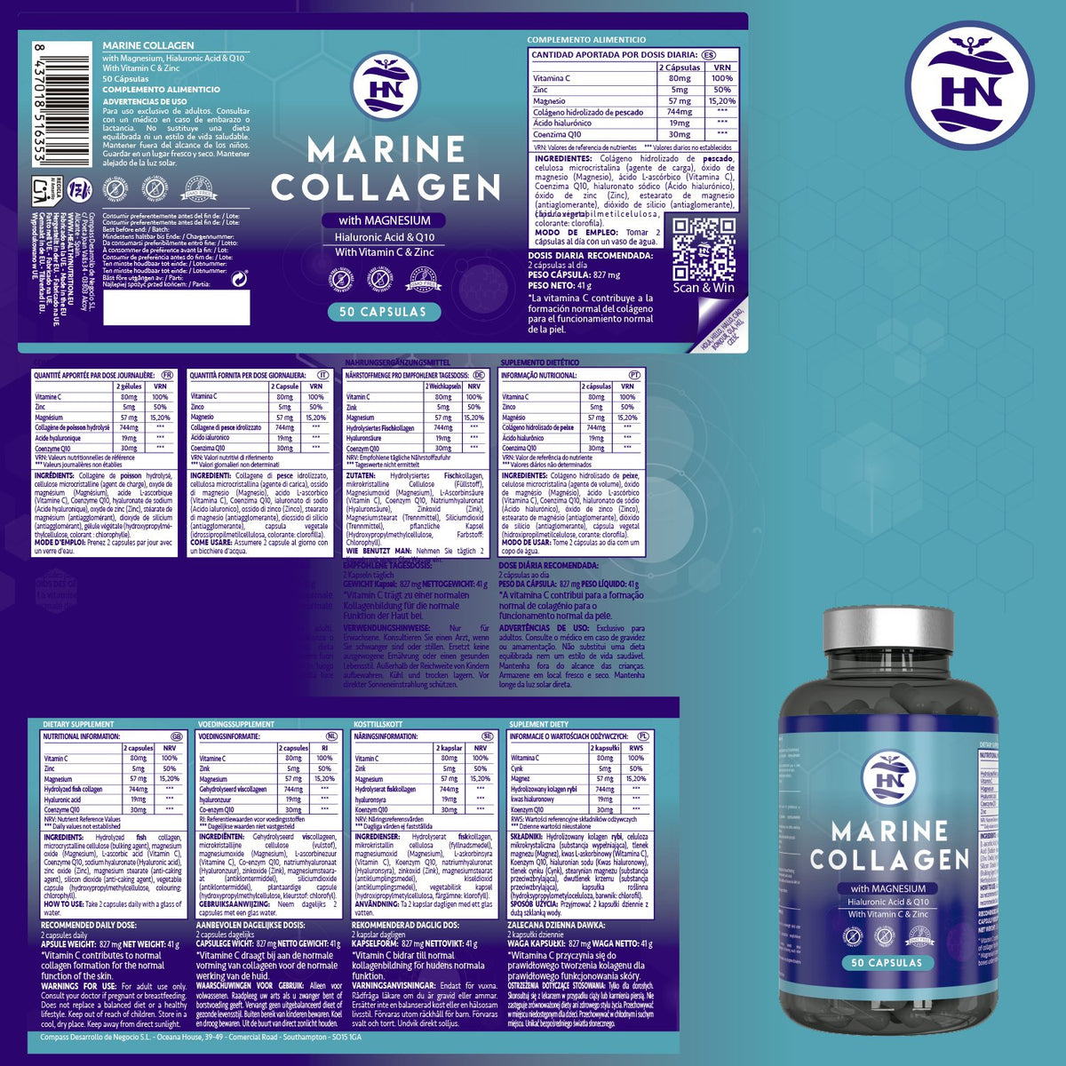Pack 3 X Colágeno Marino Hidrolizado Con Ácido Hialurónico, Vitamina C, Q10, Zinc Y Magnesio - 3 X 50 Cápsulas_2
