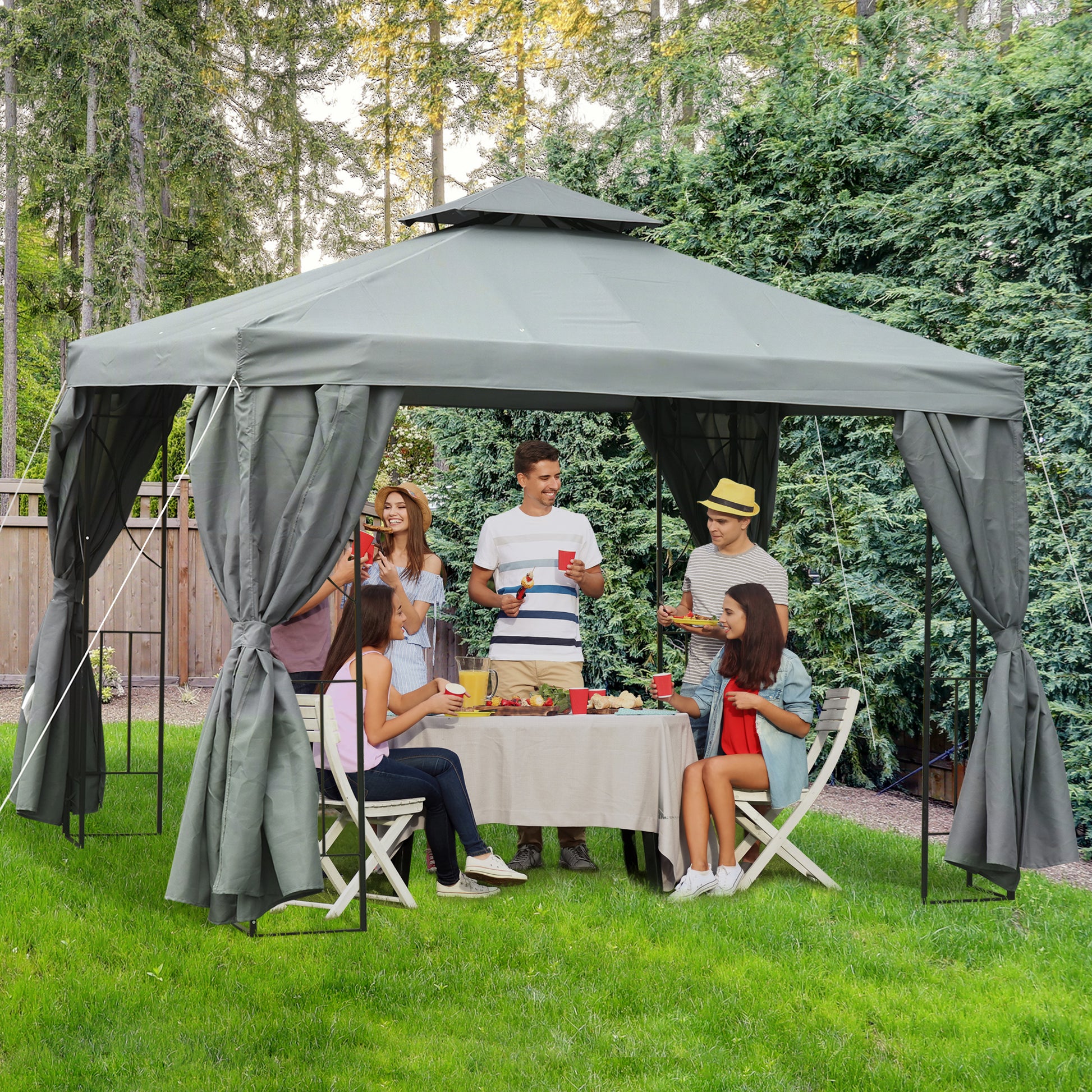 Outsunny Cenador De Jardín 3x3 M Con 4 Cortinas Laterales Extraíbles Gris_1