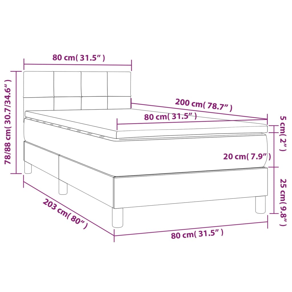 Cama Box Spring Con Colchón Y Led Tela Gris Oscuro 80x200 Cm / Vetonek_4