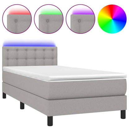 Cama Box Spring Colchón Y Luces Led Tela Gris Claro 90x200 Cm / Vetonek_0