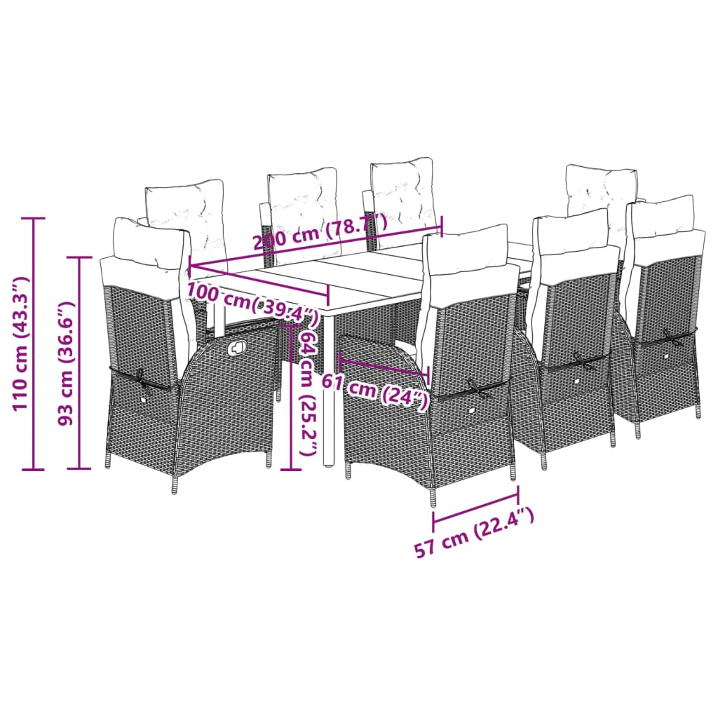 Set Comedor De Jardín 9 Pzas Con Cojines Ratán Sintético Beige / Vetonek_1