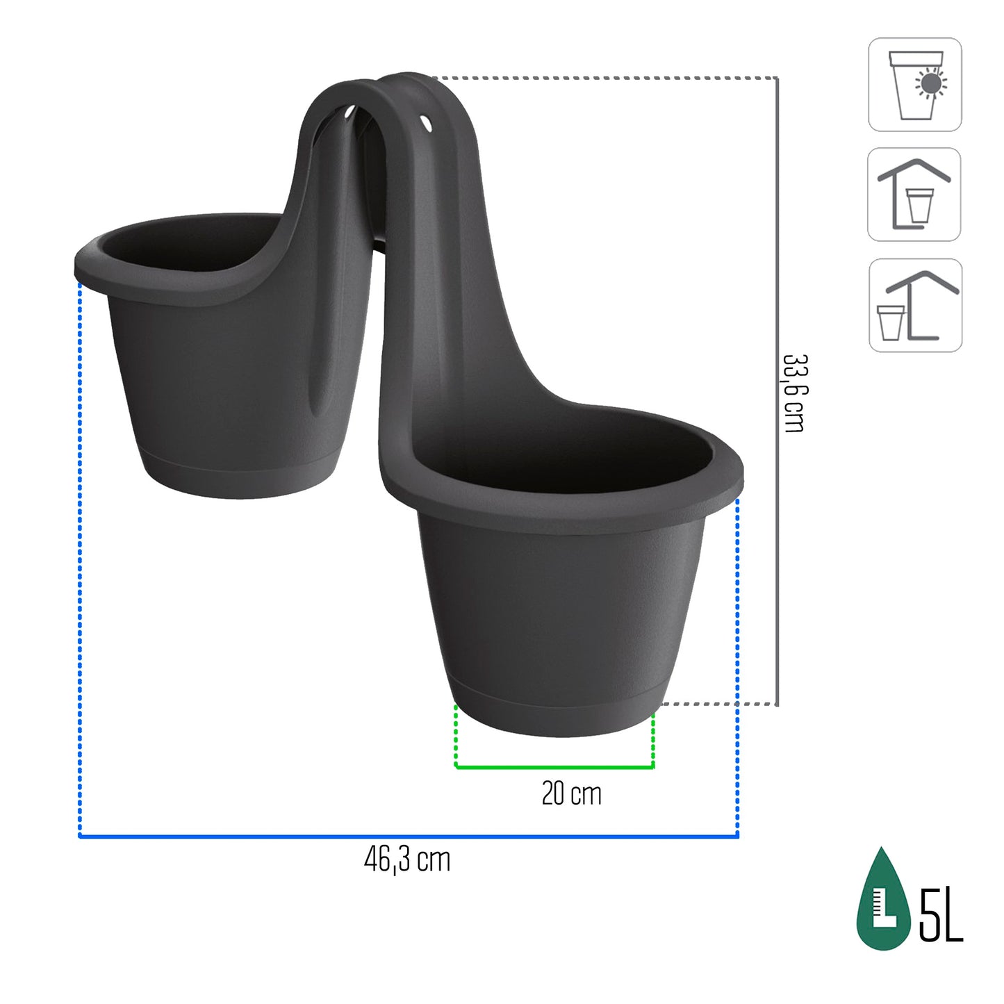 Maceta Respana Railing 13l., Dimensiones (mm) 398x298x209, Color Antracita_2