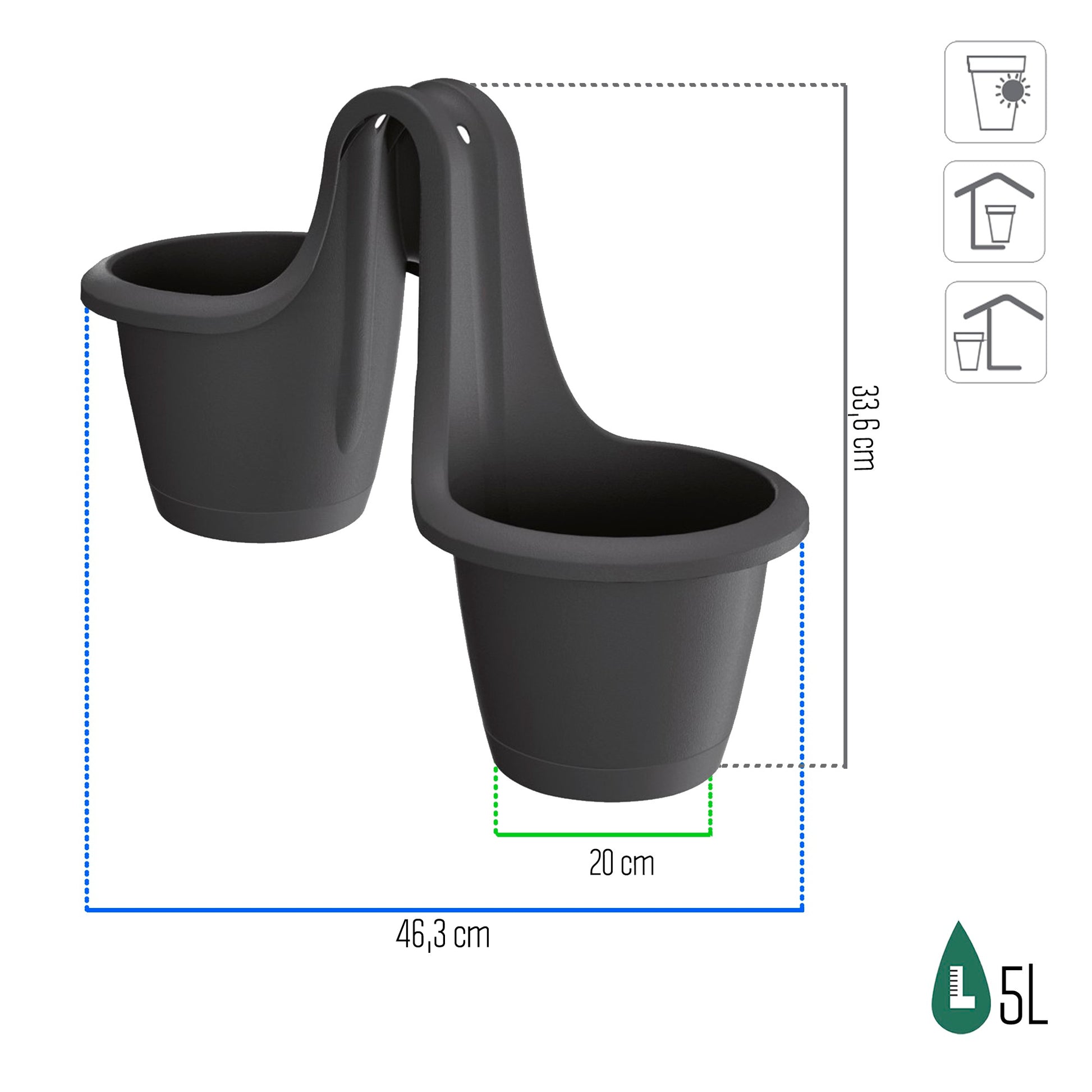 Maceta Respana Railing 13l., Dimensiones (mm) 398x298x209, Color Antracita_2
