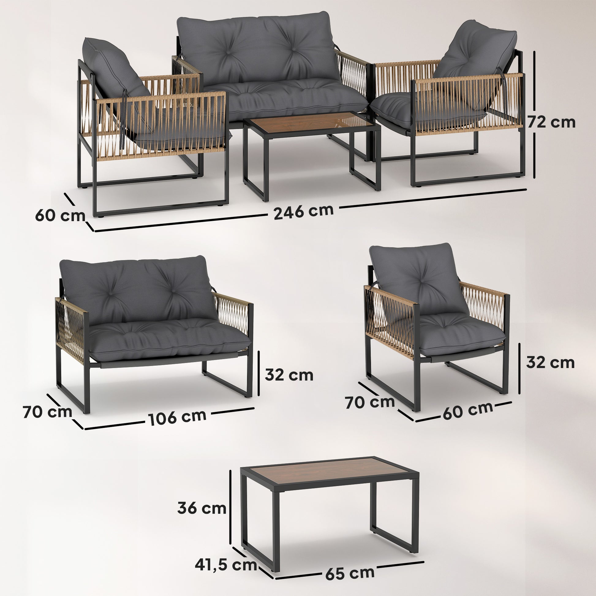 Outsunny Conjunto De Jardín Exterior De Ratán Sintético De 4 Piezas Gris Oscuro_2