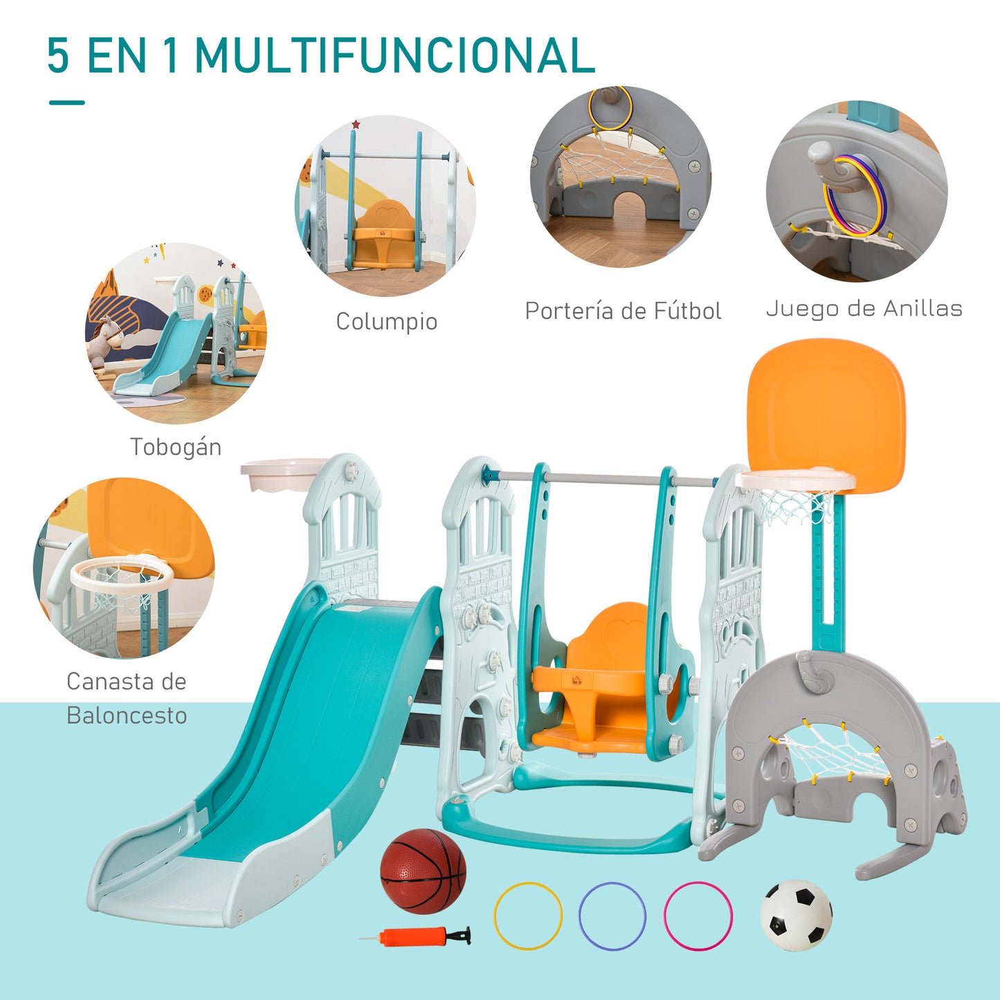 Homcom 5 En 1 Tobogán Columpio Infantil Con 2 Canastas De Baloncesto Y Portería_3