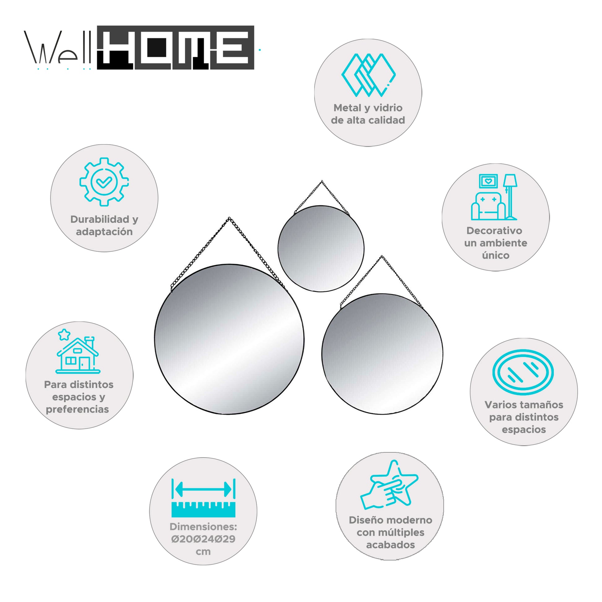 Well Home - Conjunto De 3 Espejos Redondos Decorativos De Metal Ø20ø24ø29cm