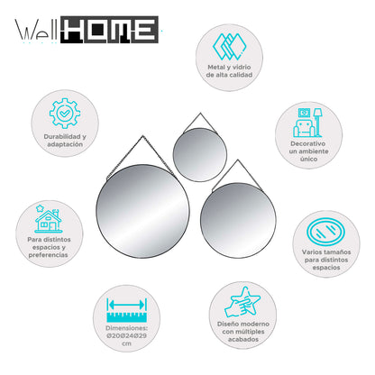 Well Home - Conjunto De 3 Espejos Redondos Decorativos De Metal Ø20ø24ø29cm