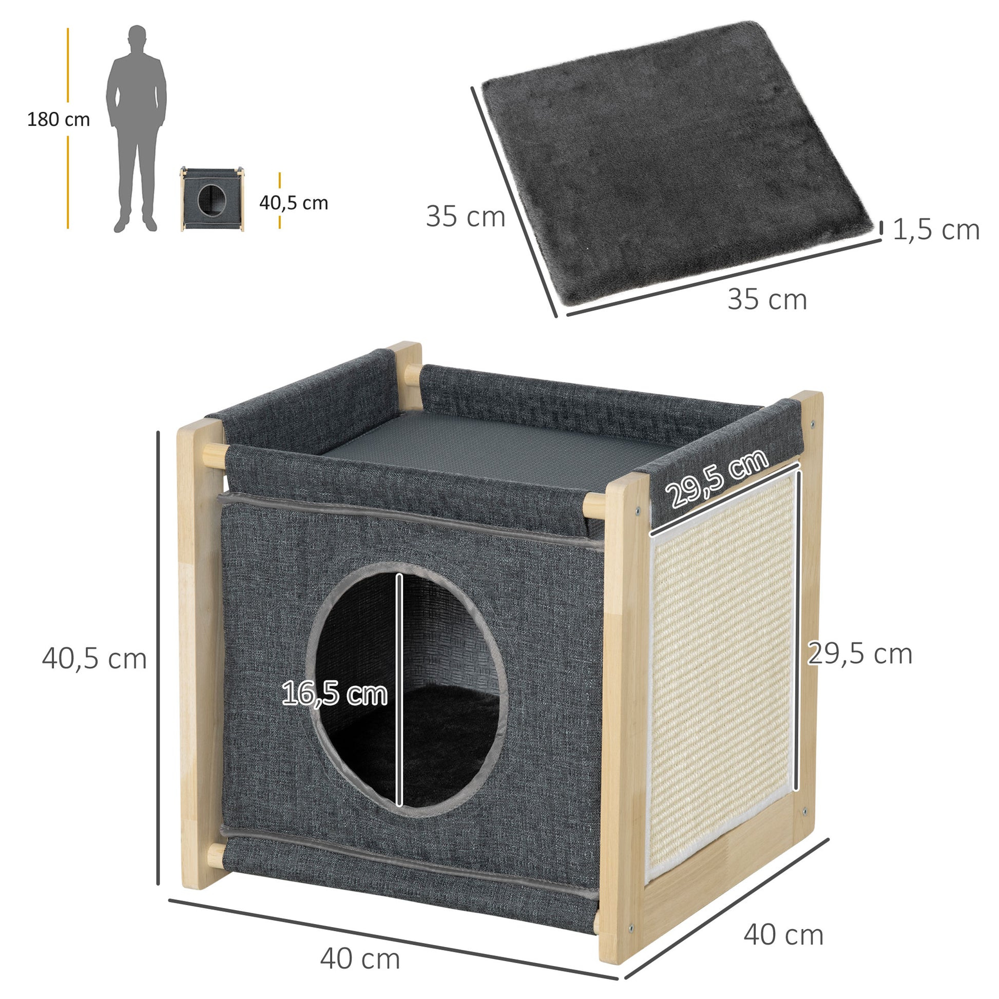 Pawhut Cama Cueva Para Gatos De Madera Con Cojín Extraíble 40x40x40,5 Cm Gris_2