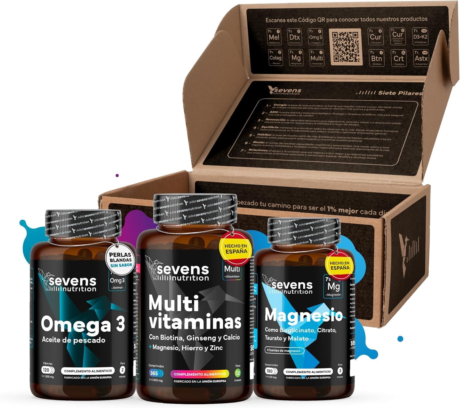 Pack Energía: Multivitaminas, Omega 3 Y Magnesio. Sevens Nutrition. Reducción De Fatiga Y Salud Del Corazón Y Mente_0