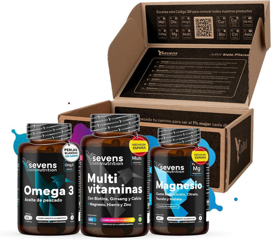 Pack Energía: Multivitaminas, Omega 3 Y Magnesio. Sevens Nutrition. Reducción De Fatiga Y Salud Del Corazón Y Mente_0