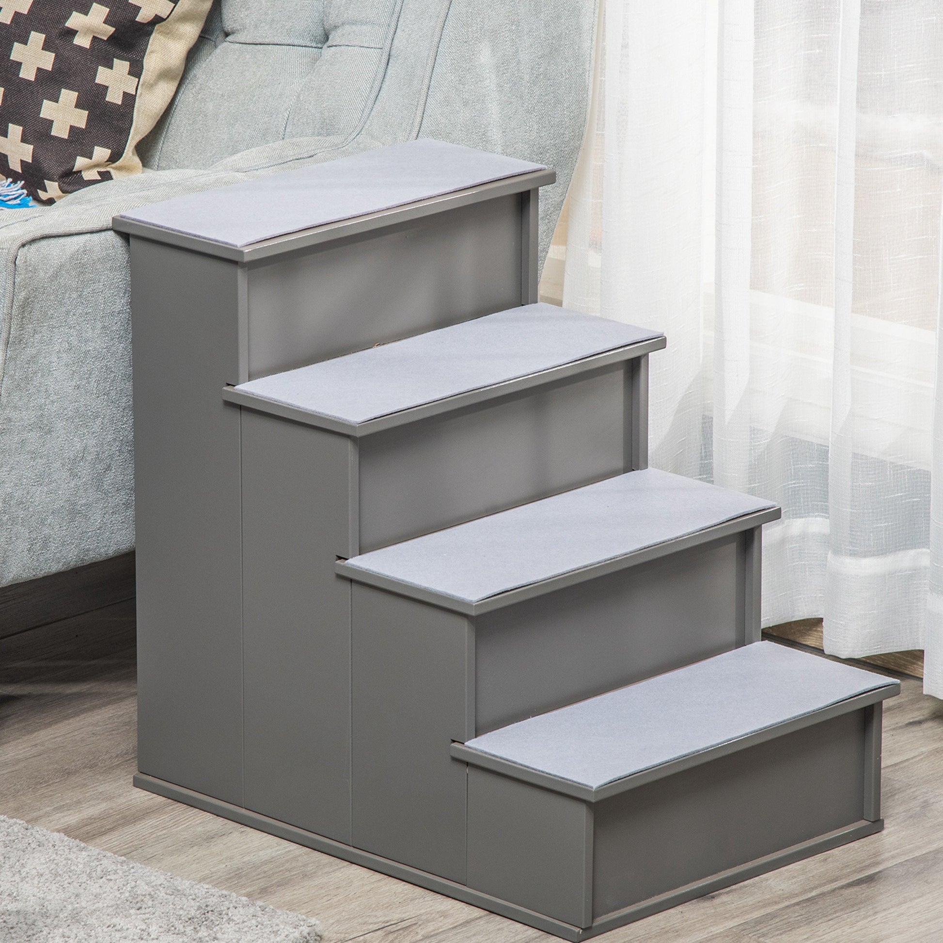 Pawhut Escalera Para Perros De 4 Peldaños Con Acolchados 40x59x54,2 Cm Gris_1