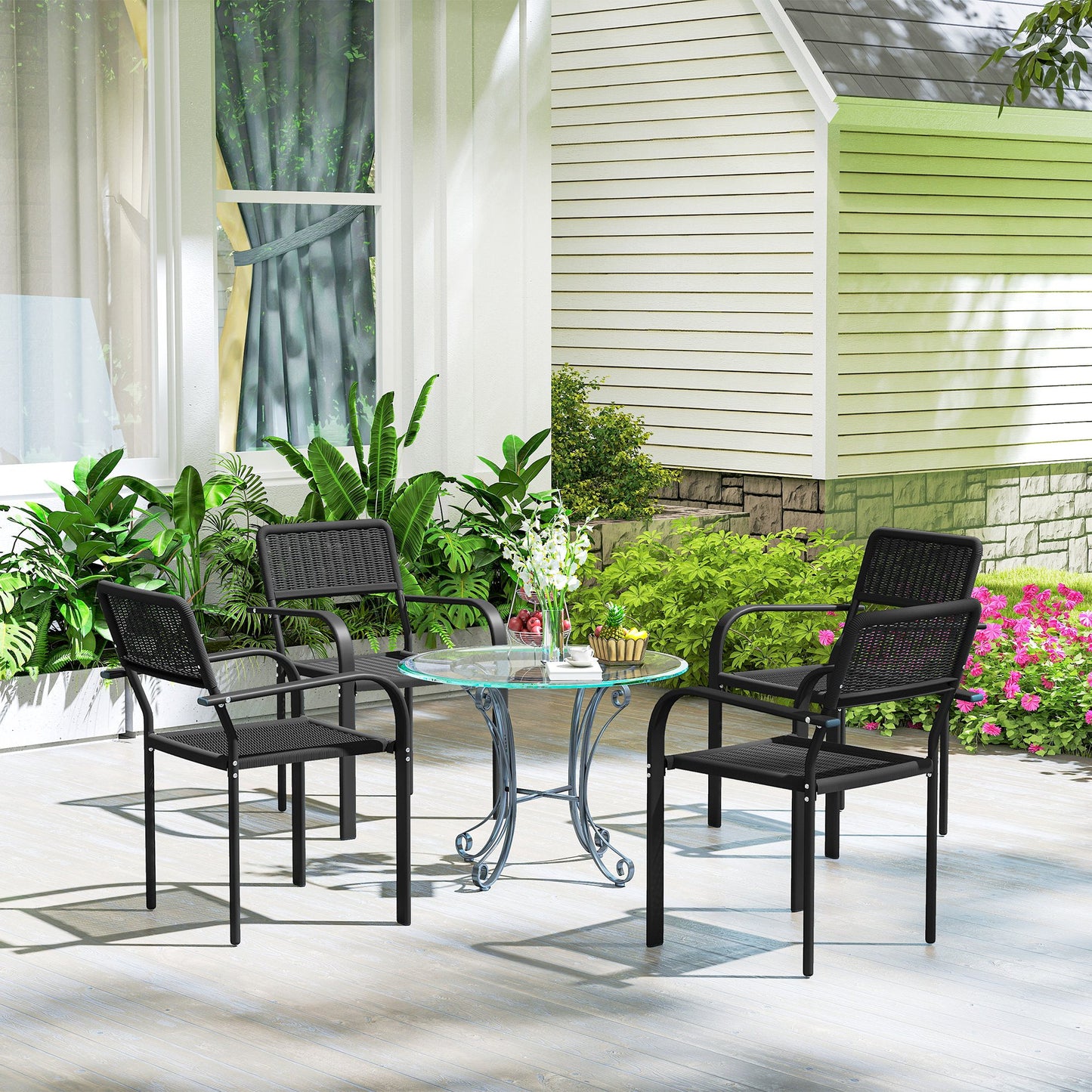 Outsunny Juego De 4 Sillas De Jardín Exterior Apilables 55x60x83 Cm Negro_3