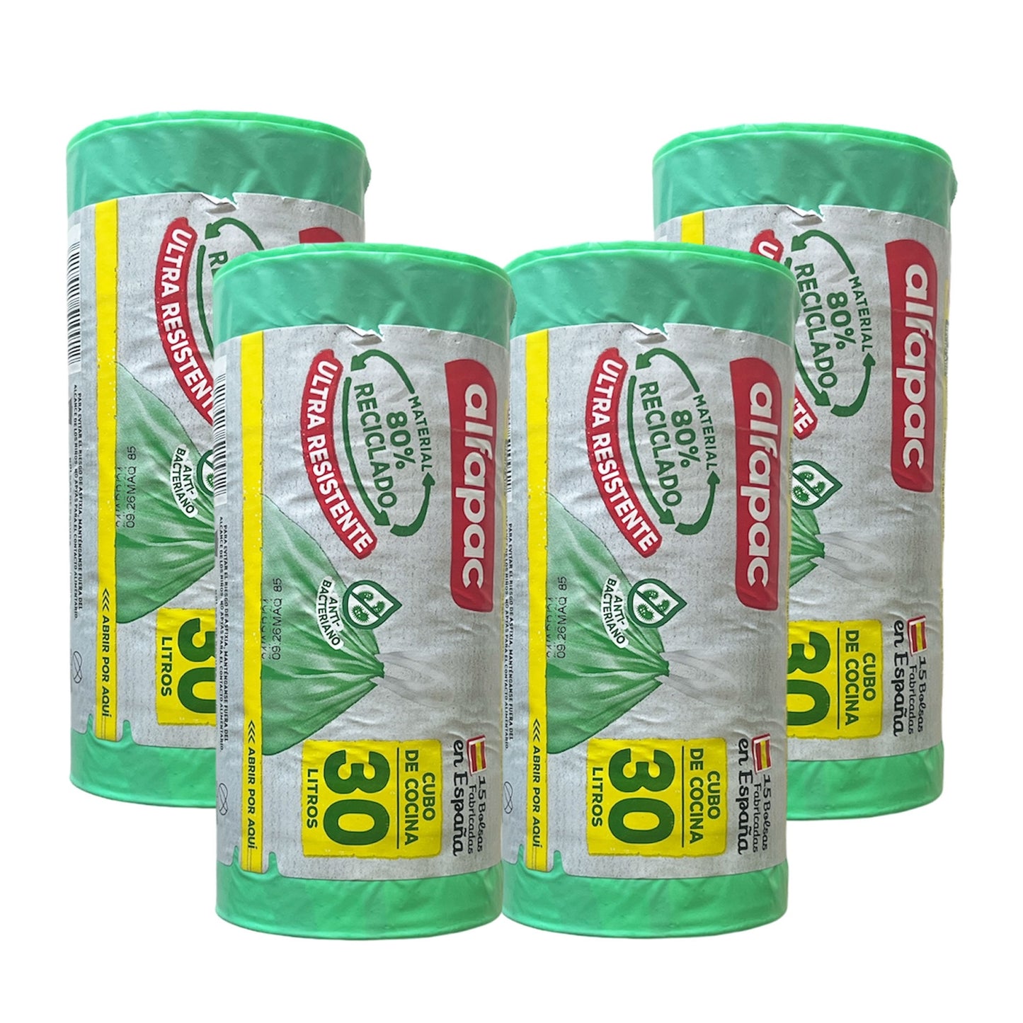 80% Reciclado 4 Rollos De 15 Bolsas De Basura 'antibacterias' 30l Con Autocierre_0