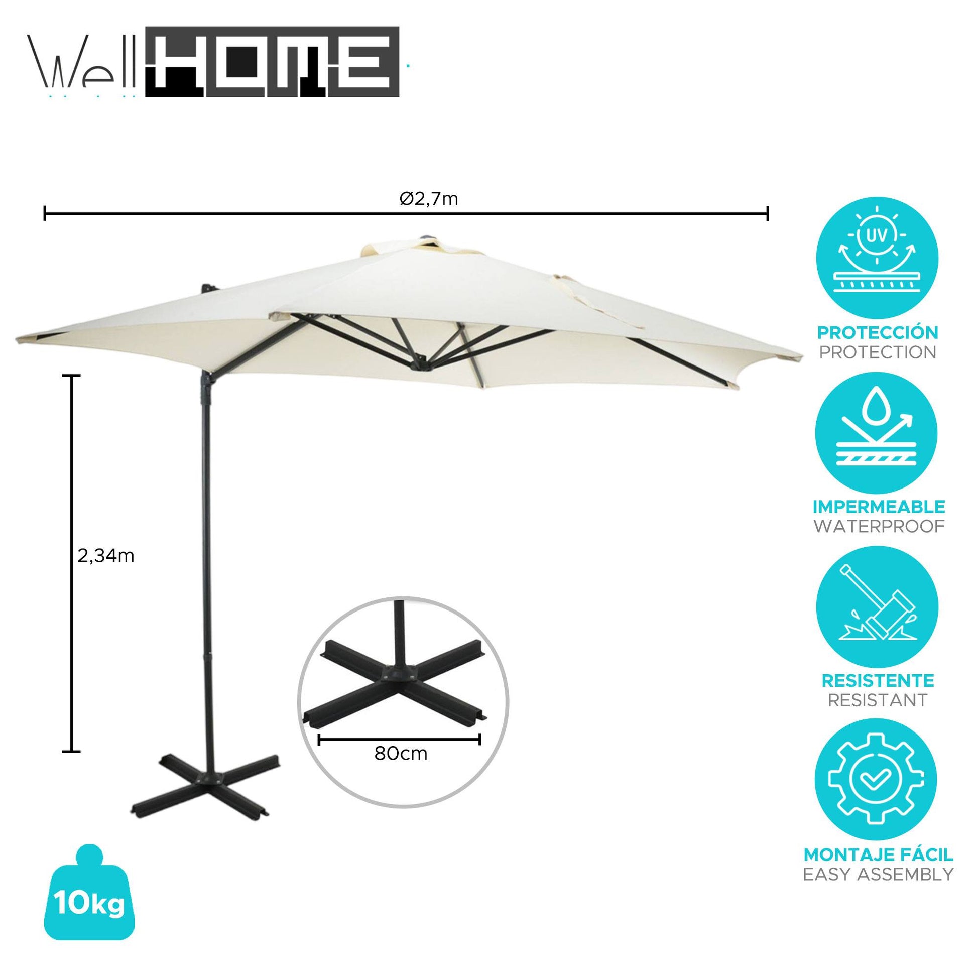 Well Home - Sombrilla Colgante Push Up Ø270cm Crema Con Base De Acero Cruzado