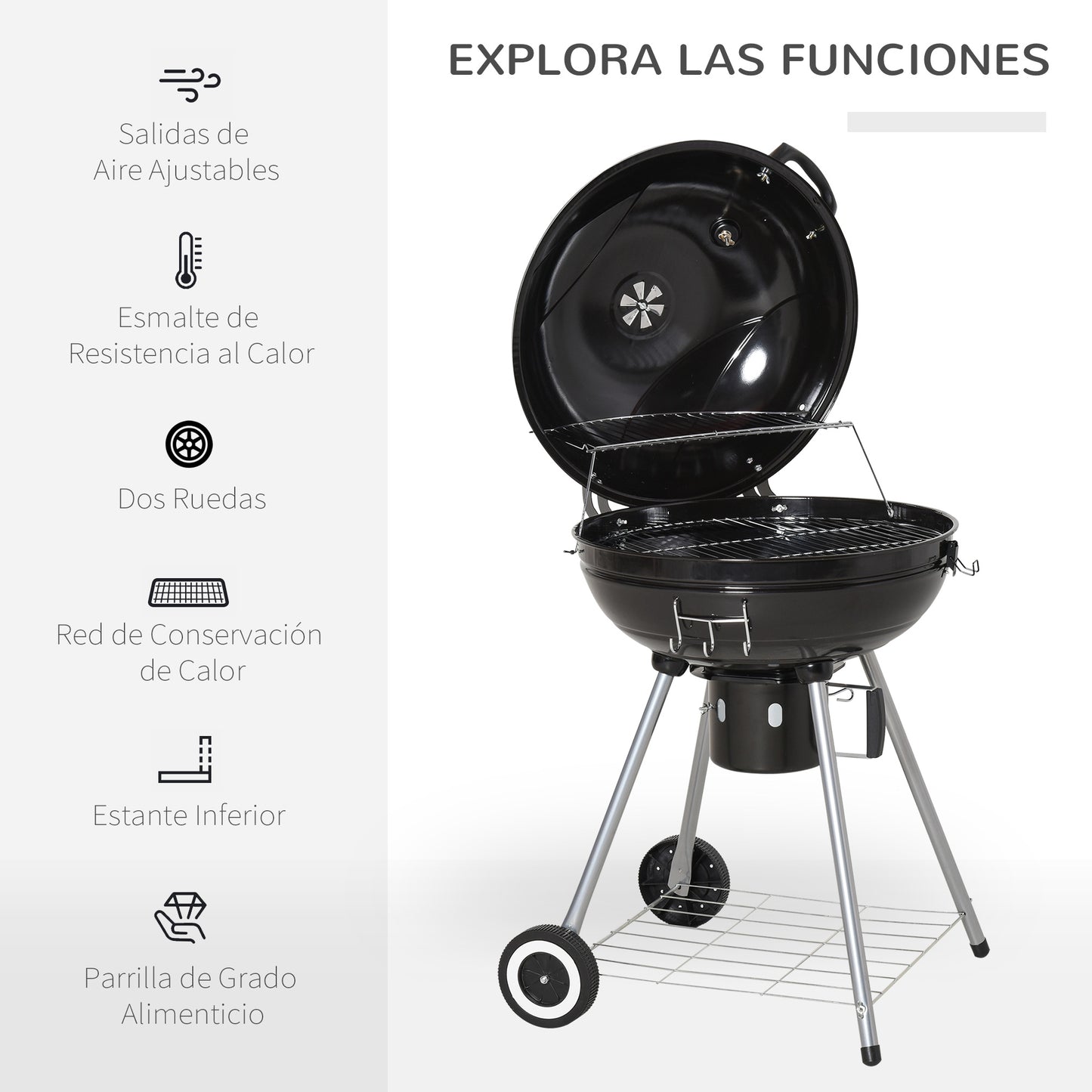 Outsunny Barbacoa Carbón Bbq Picnic Ahumador Parilla Termómetro Jardín Exterior_5