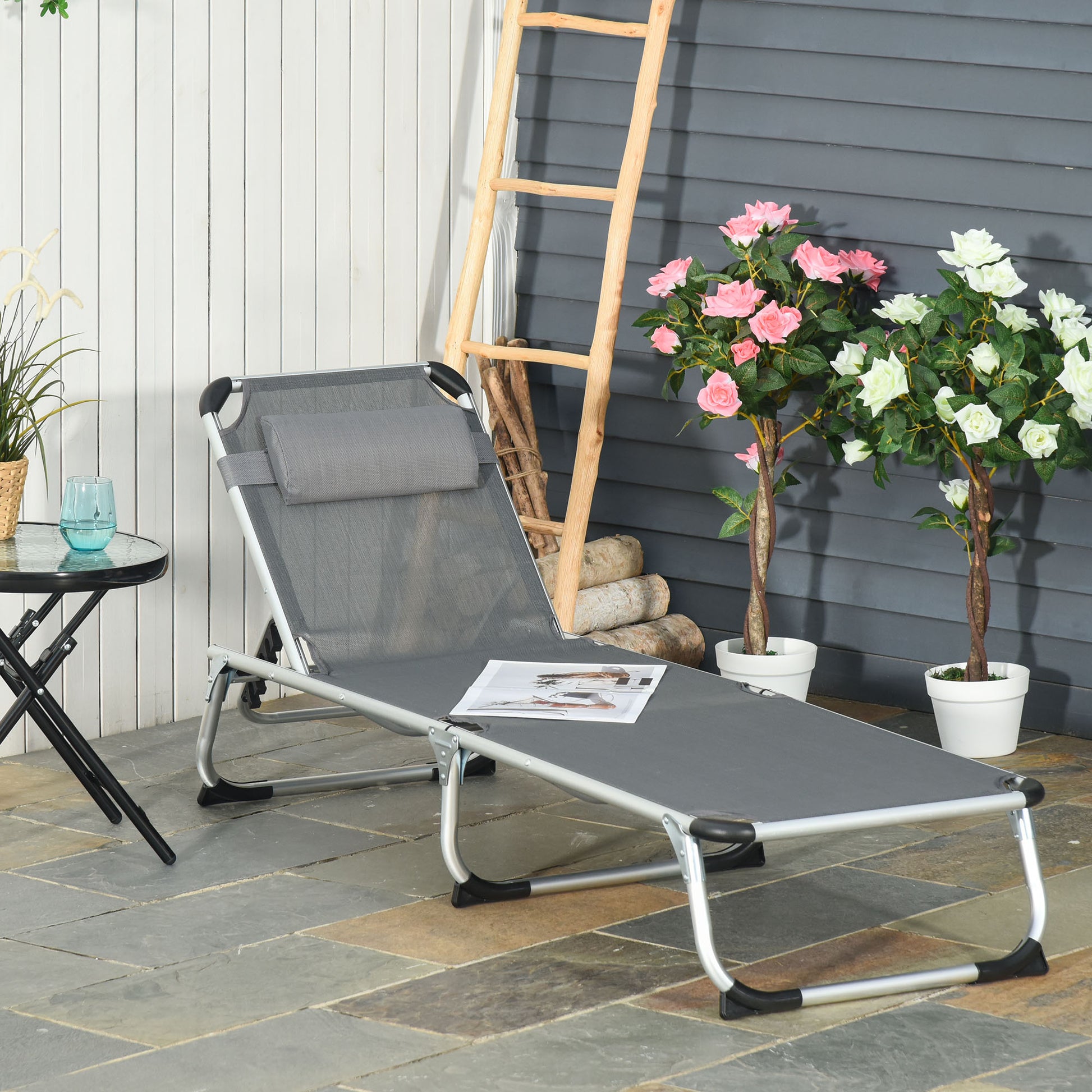 Outsunny Tumbona Plegable Con Reposacabezas Respaldo Ajustable 165x60x76cm Gris_1