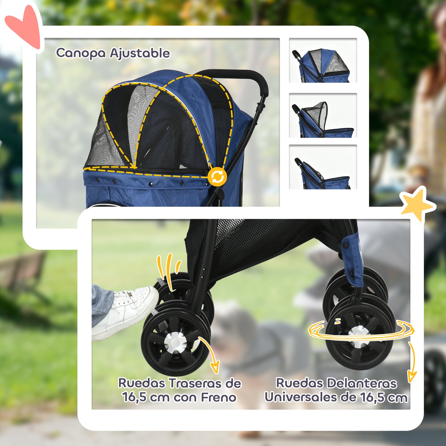 Pawhut Carrito Para Perros Plegable Con Cesta Capota Ajustable Y Ruedas Azul_5