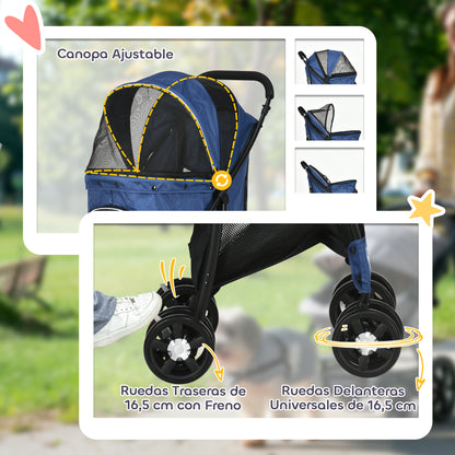 Pawhut Carrito Para Perros Plegable Con Cesta Capota Ajustable Y Ruedas Azul_5