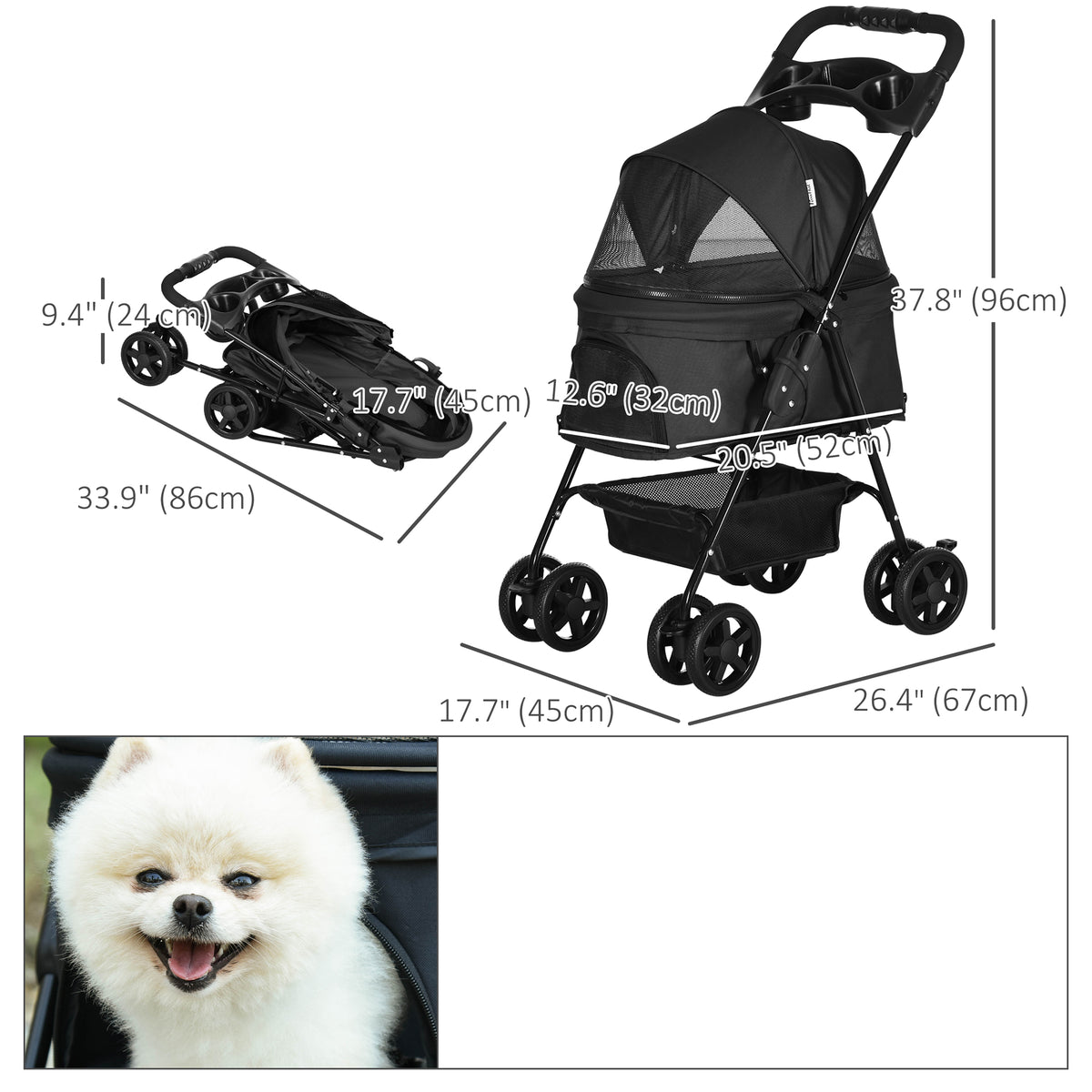 Pawhut Carrito Para Perros Plegable Con Cesta De Almacenaje 67x45x96 Cm Negro_2