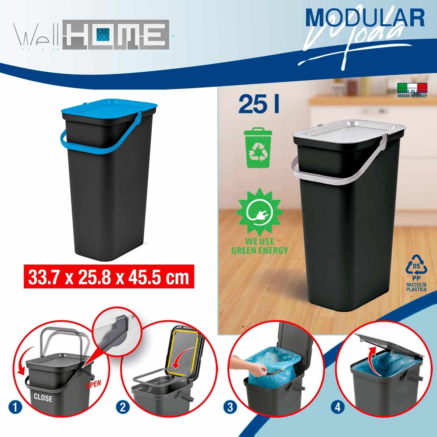 Set De 2 Papeleras moda 25l Con Asa Azul Y Negro_1