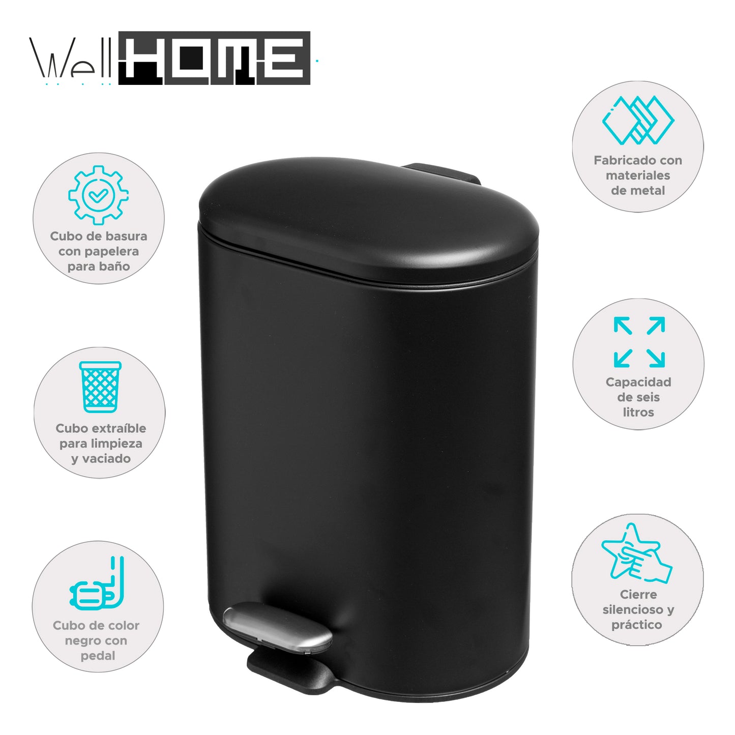Wellhome Cubo Pedal Acero Inoxidable Siliflex 6l Negro