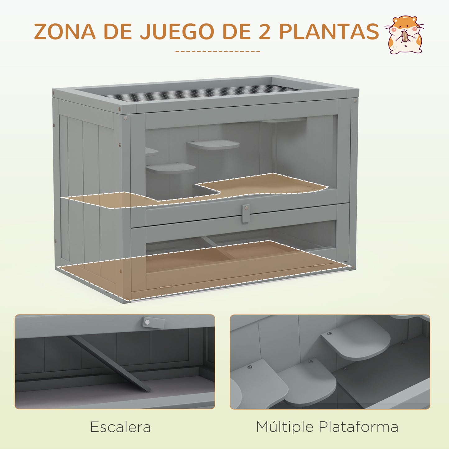 Pawhut Jaula Para Hámster De Madera De 2 Niveles Casa Para Animales Pequeños Con Plataformas Escaleras 60x35x42 Cm Gris_3