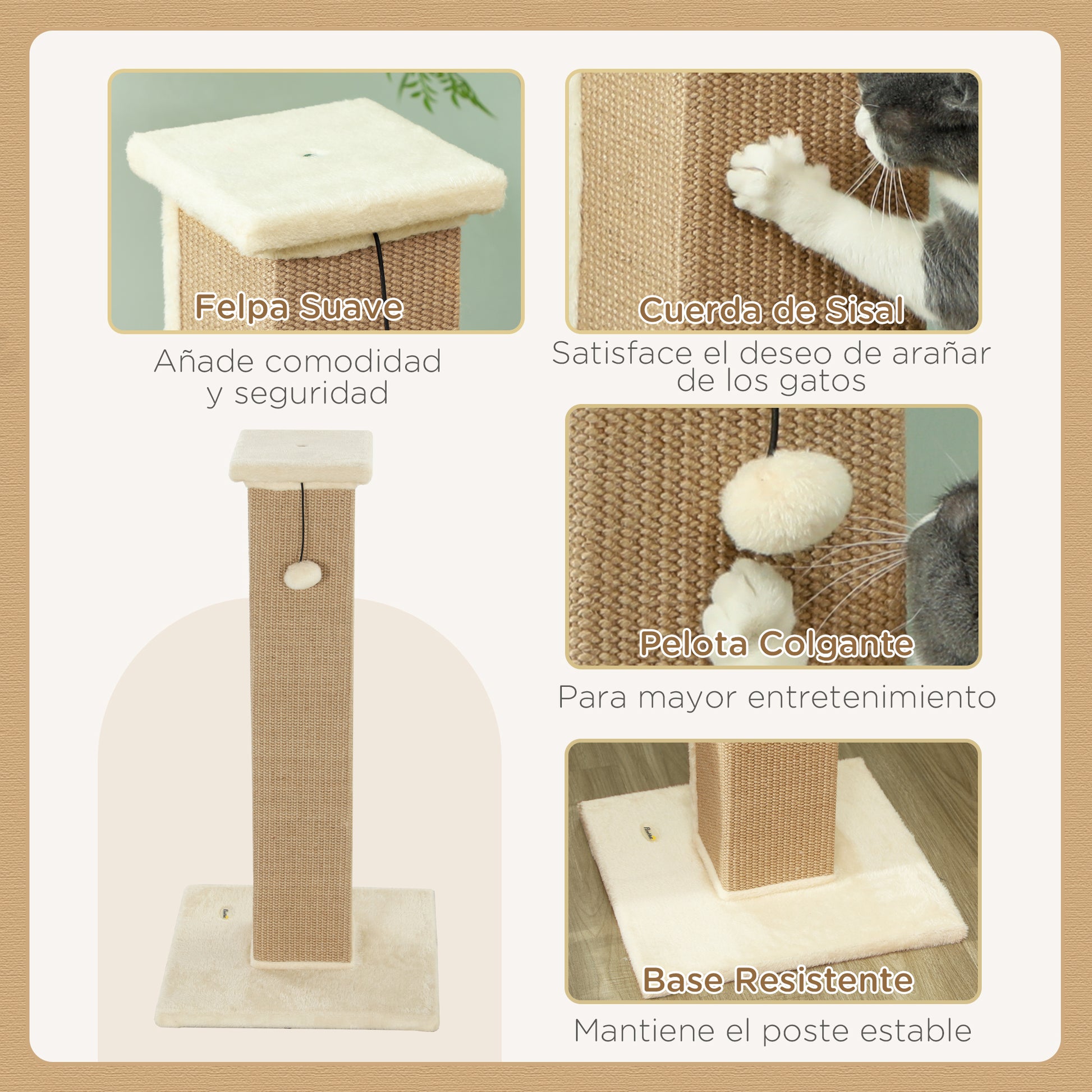 Pawhut Poste Rascador Para Gatos Altura 81 Cm Con Poste De Yute Y Bola Colgante_4