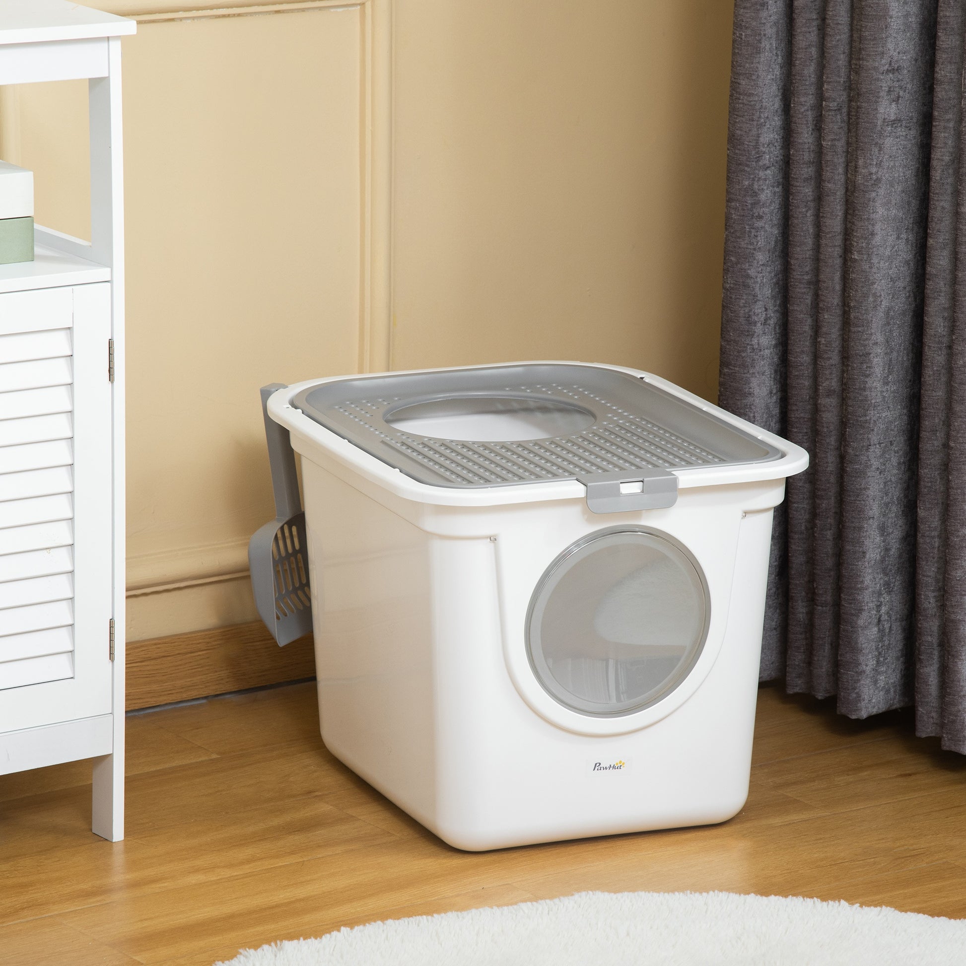 Pawhut Arenero Para Gatos Con Pala 2 Puertas 44x55x39 Cm Blanco Y Gris_1