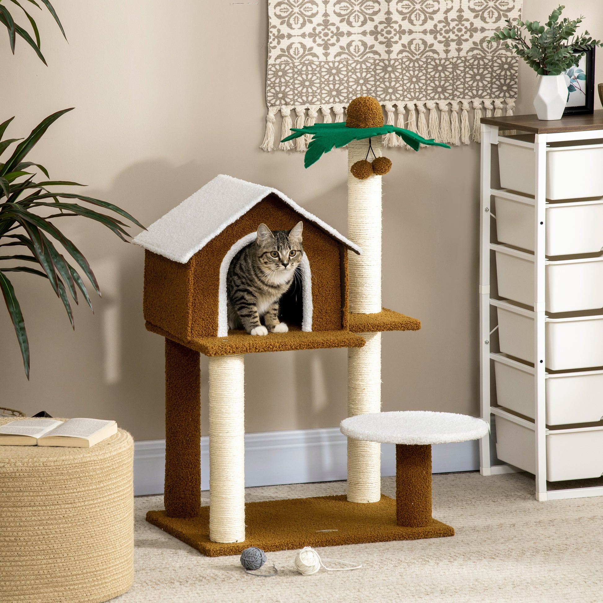 Pawhut Árbol Rascador Para Gatos 89 Cm Con Caseta Poste Forma De Coco De Sisal_1