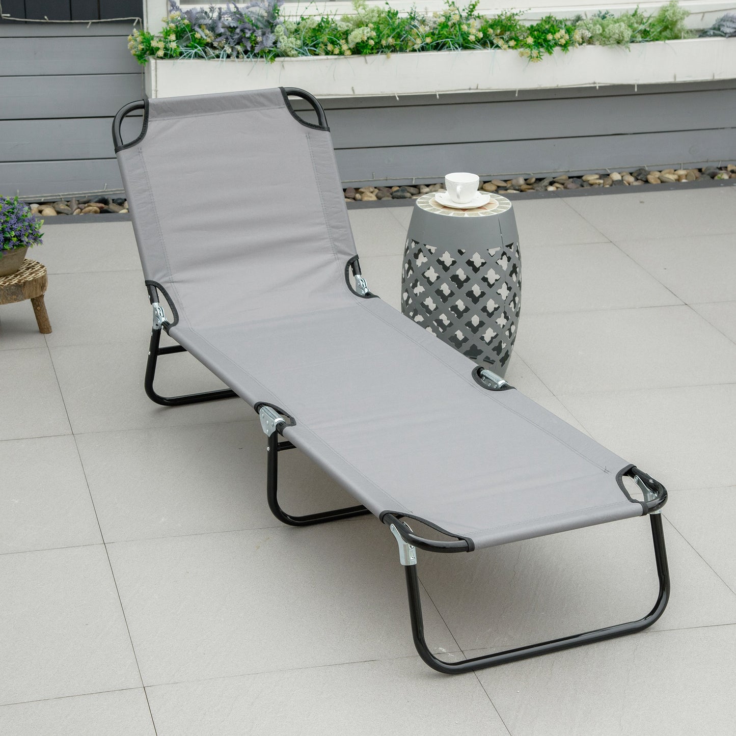 Outsunny Tumbona Plegable Reclinable Ajustable De 5 Posiciones 188x56x28cm Gris_1