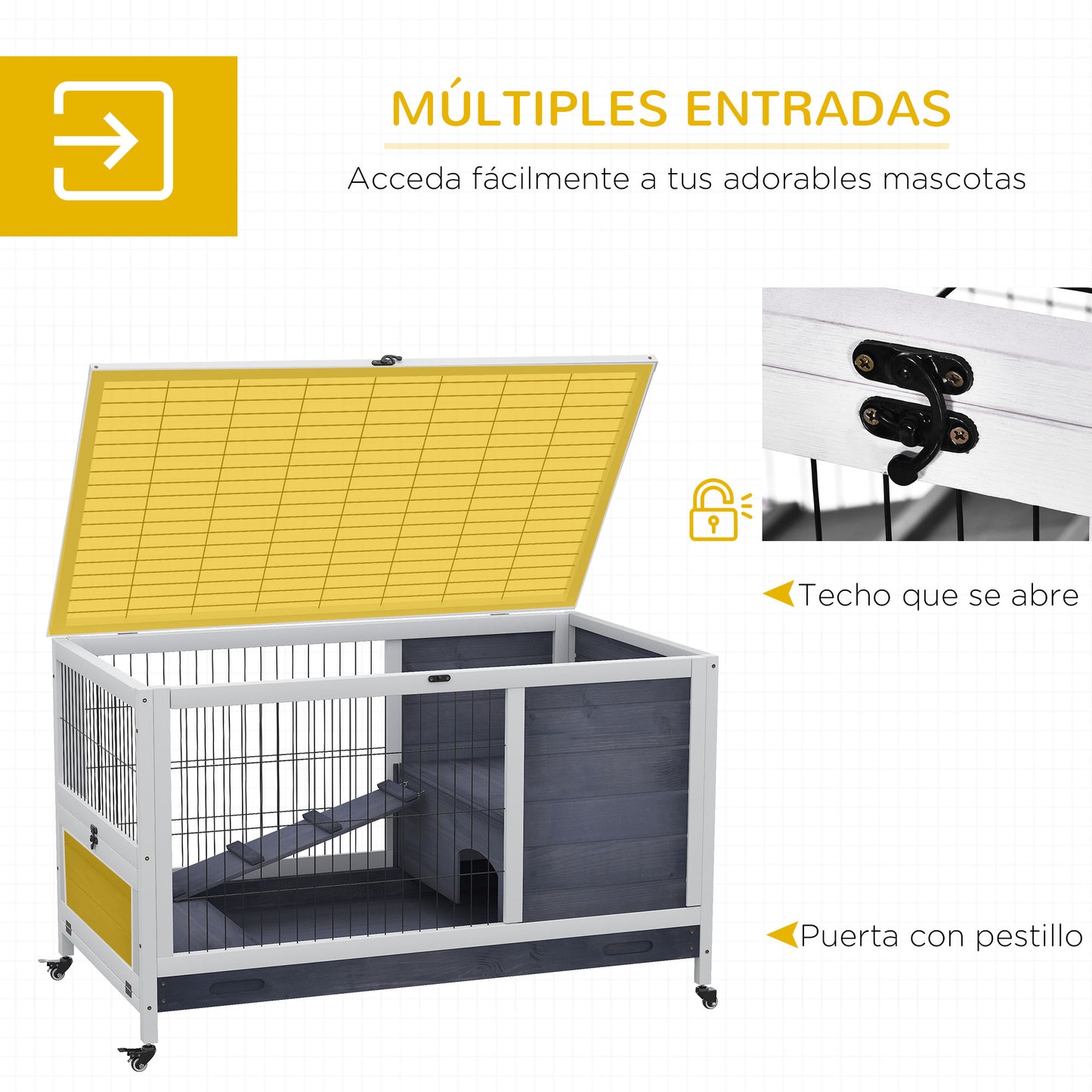 Pawhut Jaula Para Conejos De Madera 90x53x59cm Techo Abrible Rampa Bandeja_4