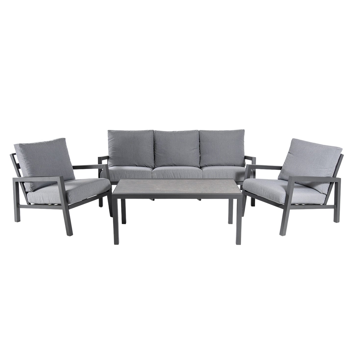 Conjunto Sofás Jardín, Aluminio Reforzado Color Antracita, Sofá 3 Plazas + 2 Sillones + Mesita Café, 5 Plazas, Cojines Color Gris_0