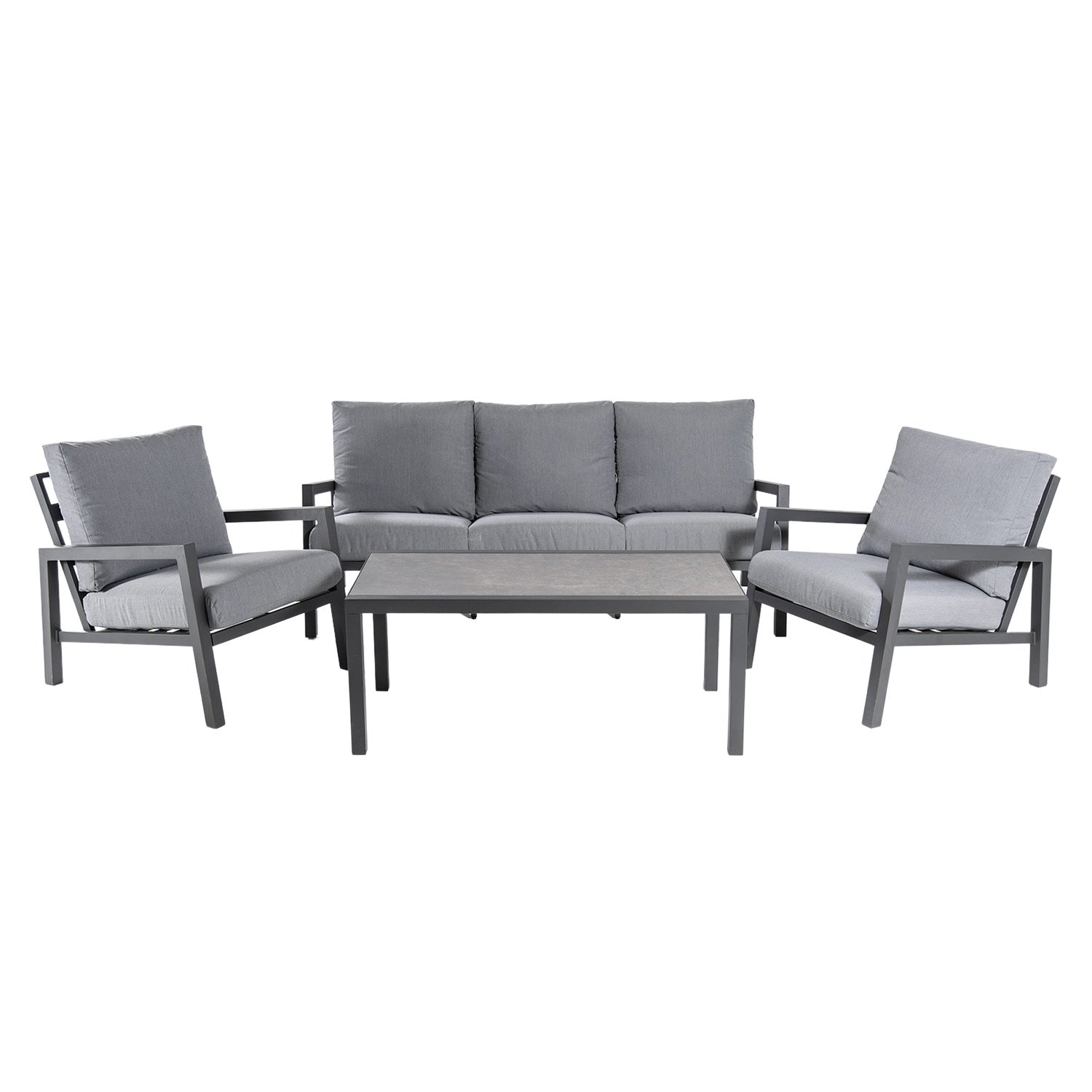Conjunto Sofás Jardín, Aluminio Reforzado Color Antracita, Sofá 3 Plazas + 2 Sillones + Mesita Café, 5 Plazas, Cojines Color Gris_0