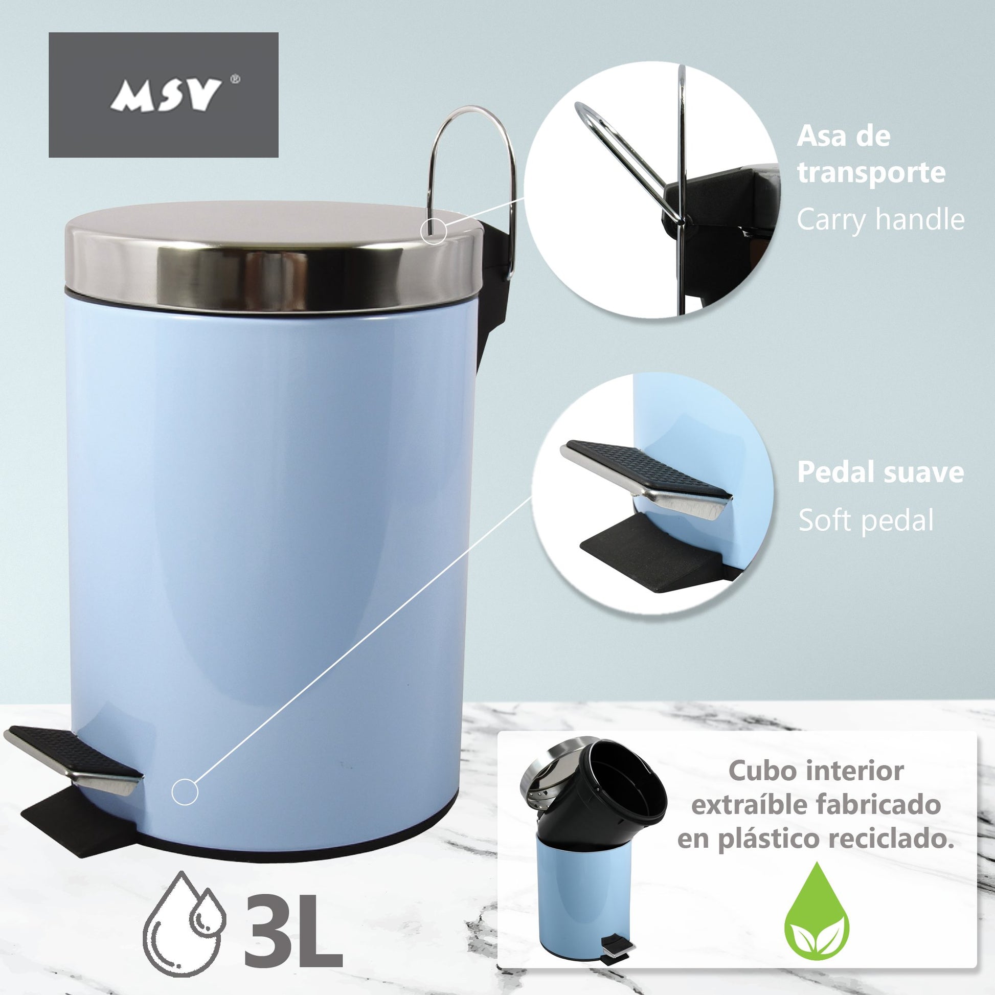 Cubo De Basura Con Pedal Msv 3l De Acero Inoxidable En Color Azul Pastel