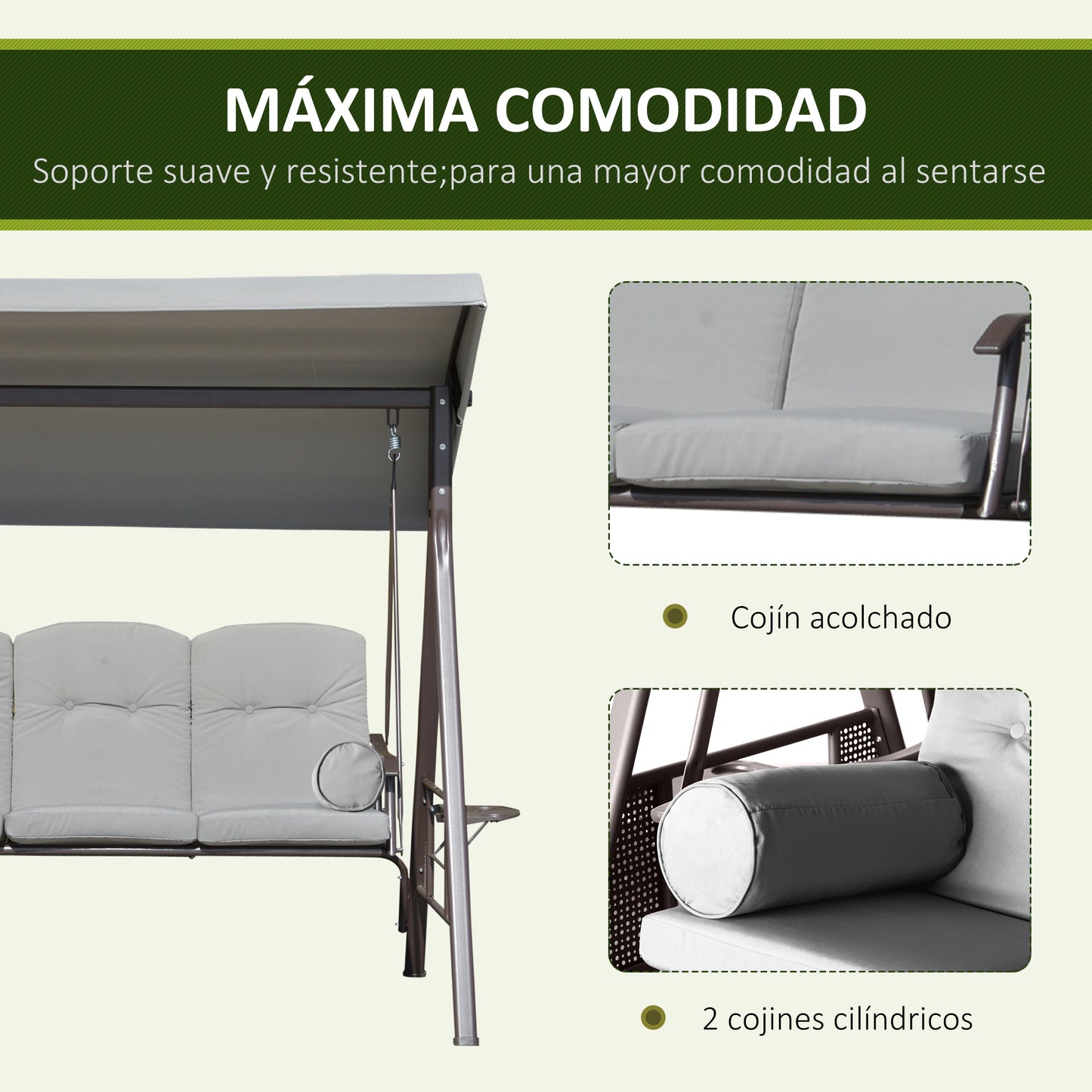 Outsunny Columpio De Jardín 3 Plazas Techo 2 Cojines 116x206x183cm Gris_5