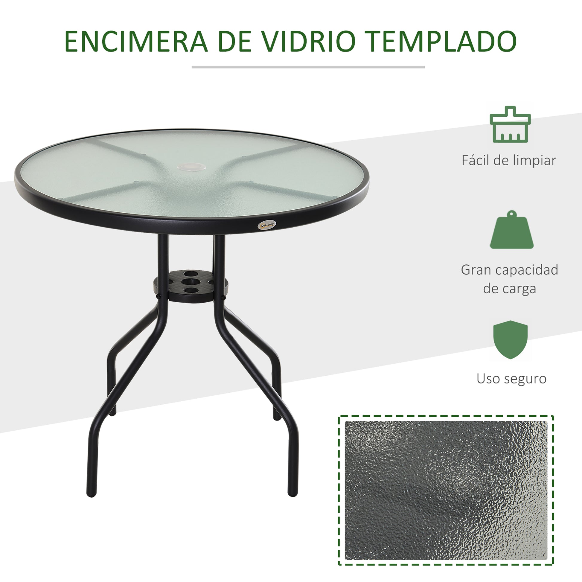 Outsunny Mesa De Jardín Redonda De Cristal Con Agujero Para Sombrilla Ø80x72 Cm_4