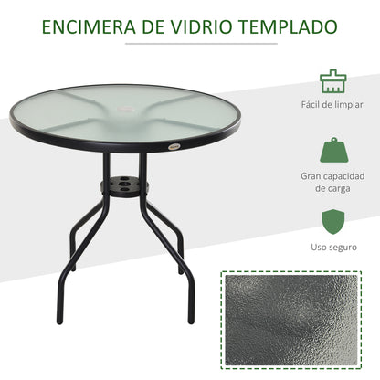 Outsunny Mesa De Jardín Redonda De Cristal Con Agujero Para Sombrilla Ø80x72 Cm_4