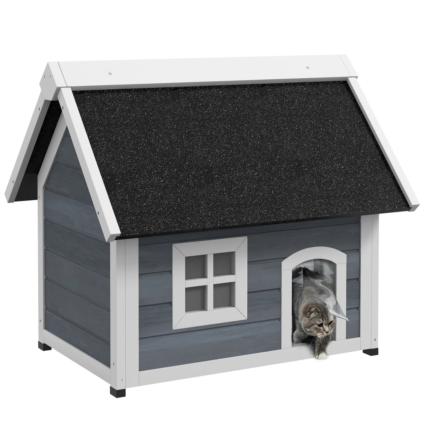 Pawhut Casa Para Gatos De Madera Con Techo Asfáltico Abatible Ventana Y Puertas_0
