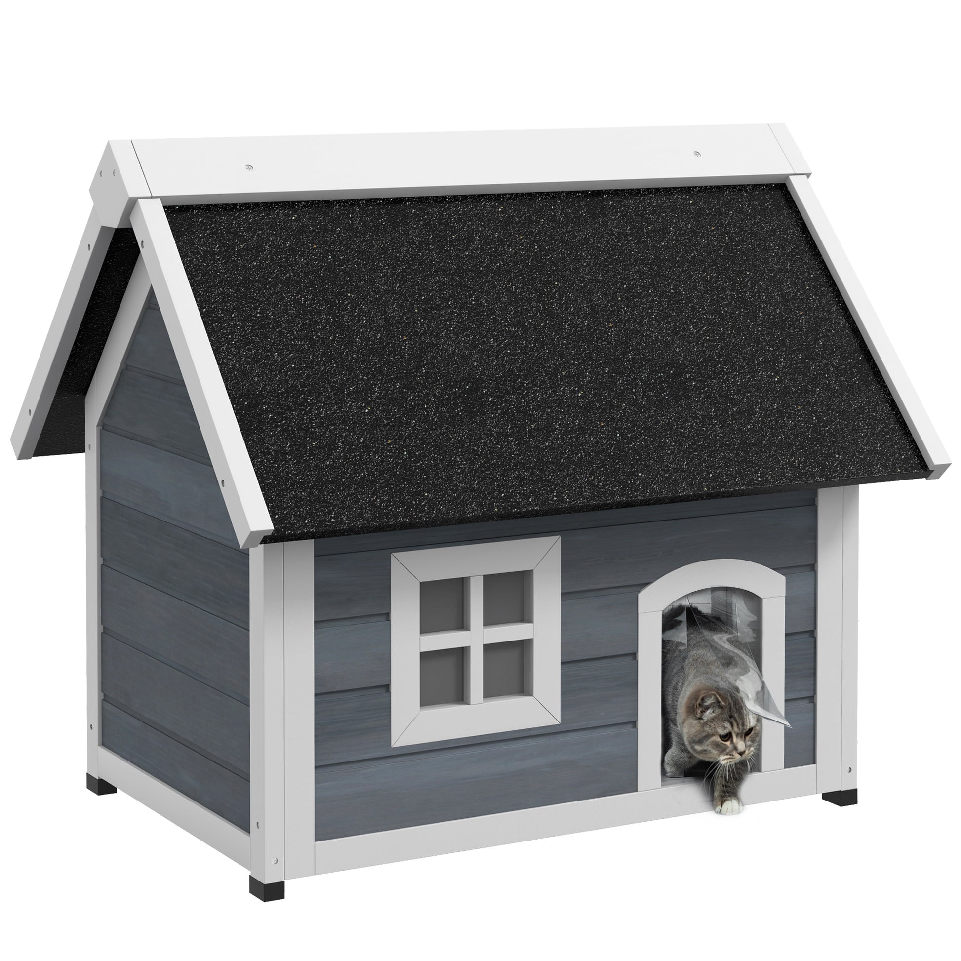 Pawhut Casa Para Gatos De Madera Con Techo Asfáltico Abatible Ventana Y Puertas_0
