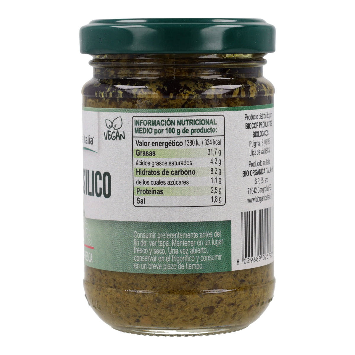 Pesto Basilico Verde de Albahaca Vegano Bio Organica Italia 140 gr