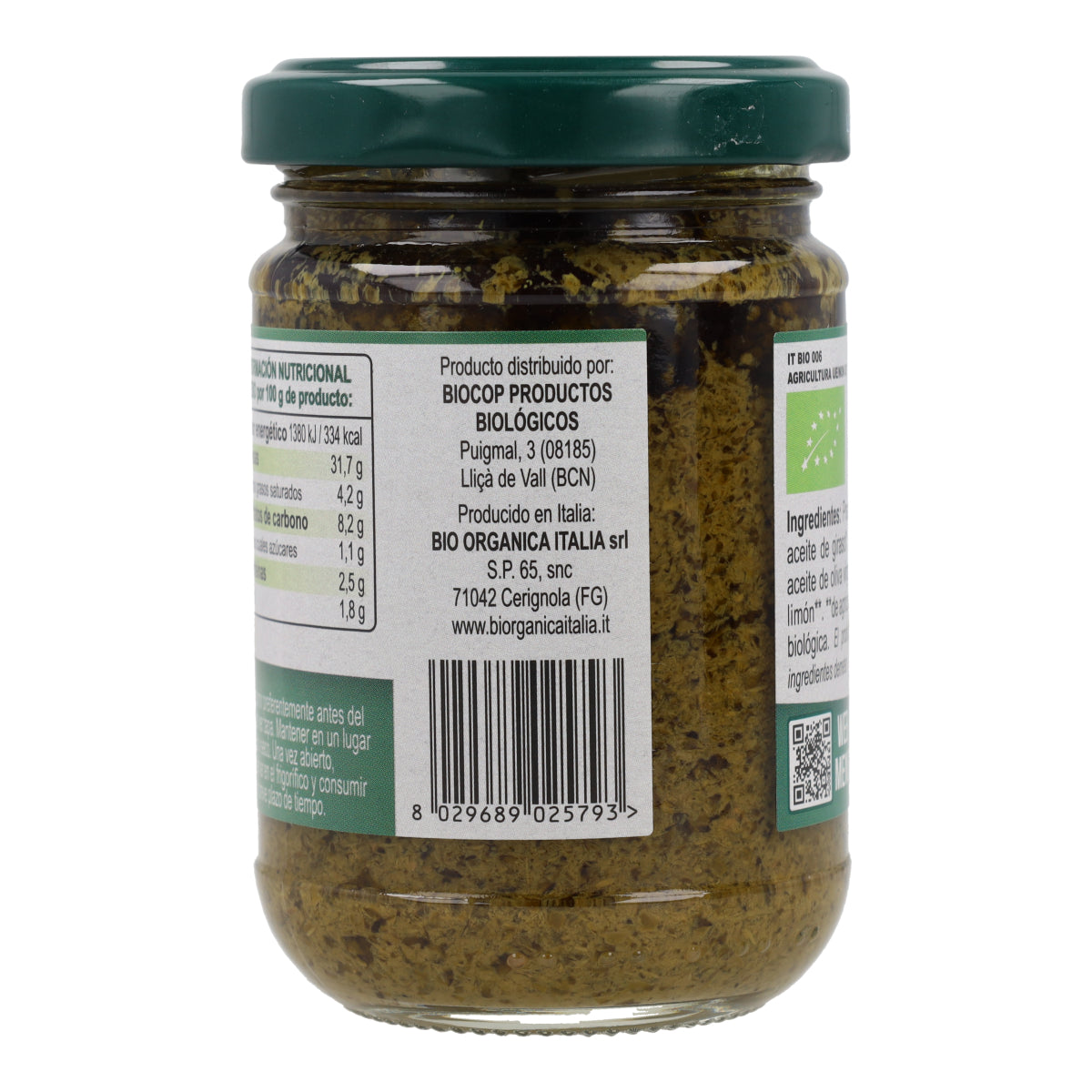 Pesto Basilico Verde de Albahaca Vegano Bio Organica Italia 140 gr