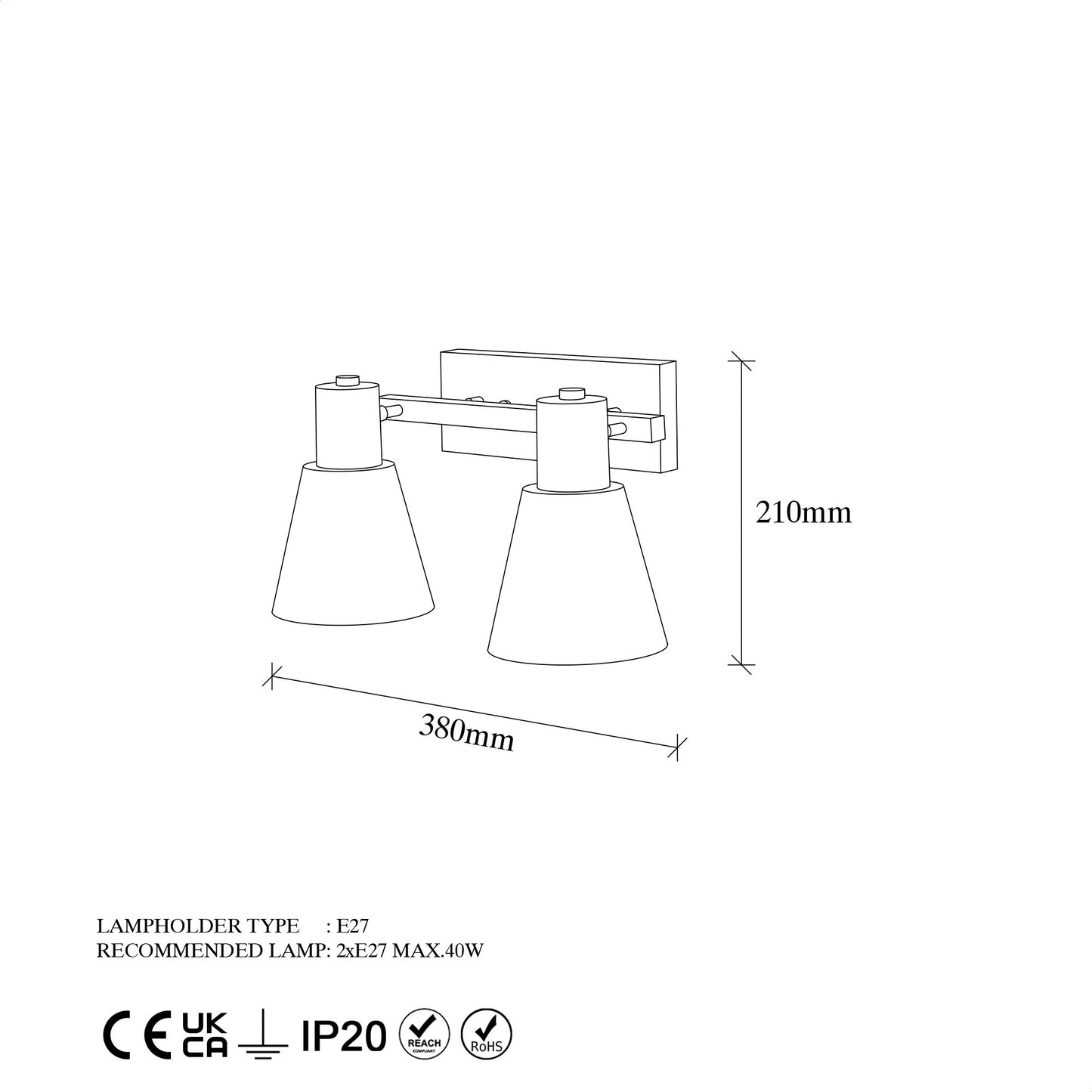 Aplique De Pared, Metal , Negro, 38x21x21, Casquillo 2 X E27 Max 40 W_1