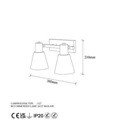 Aplique De Pared, Metal , Negro, 38x21x21, Casquillo 2 X E27 Max 40 W_1