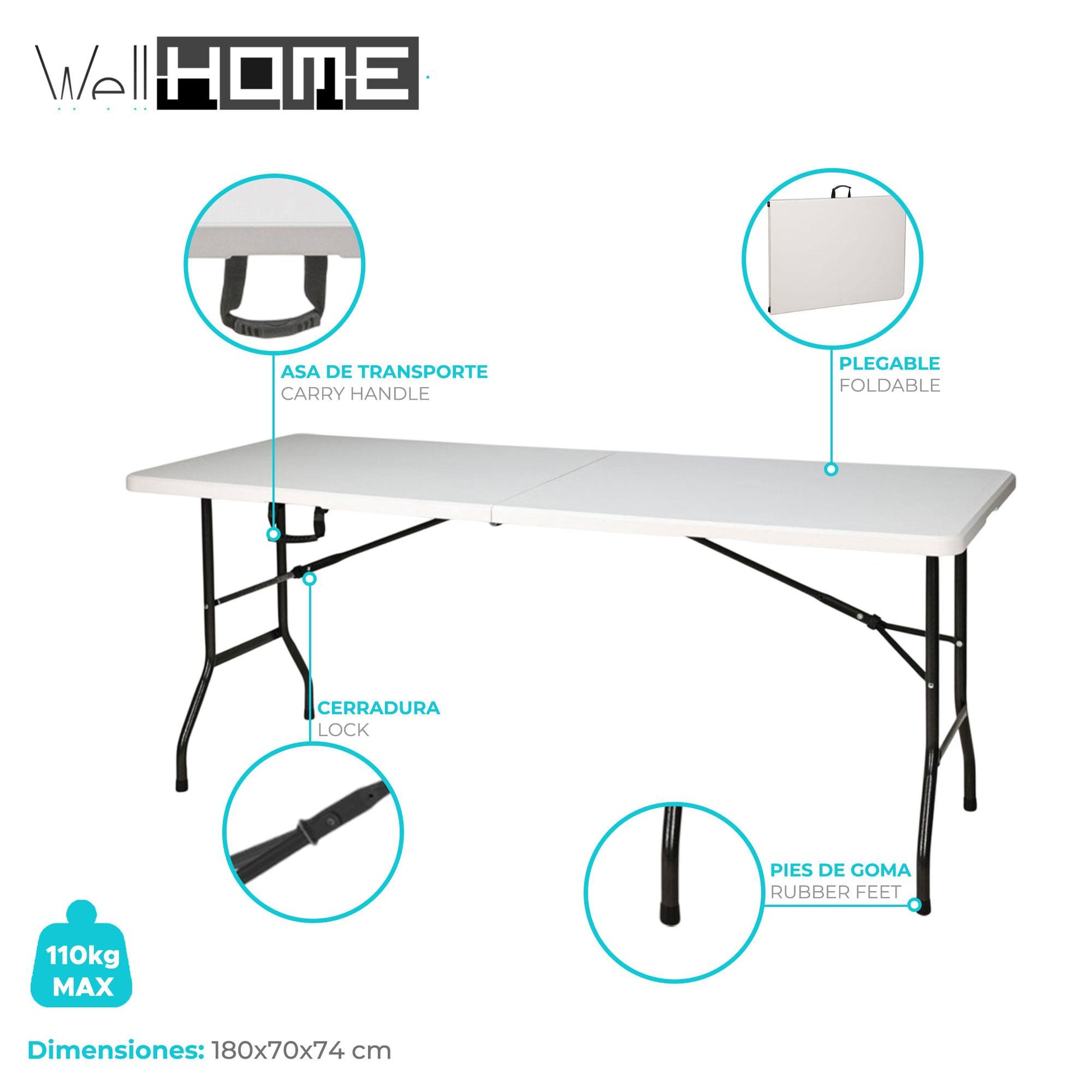 Well Home Mesa Plegable Blanca 180x70x74cm Con Mecanismo De Bloqueo Automático_1