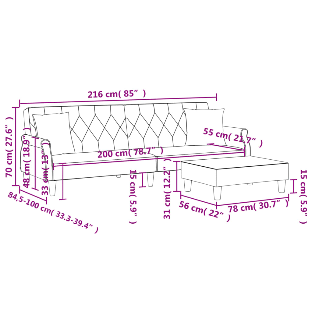 Sofá Cama 2 Plazas Con Almohadas Taburete Terciopelo Gris Claro / Vetonek_4
